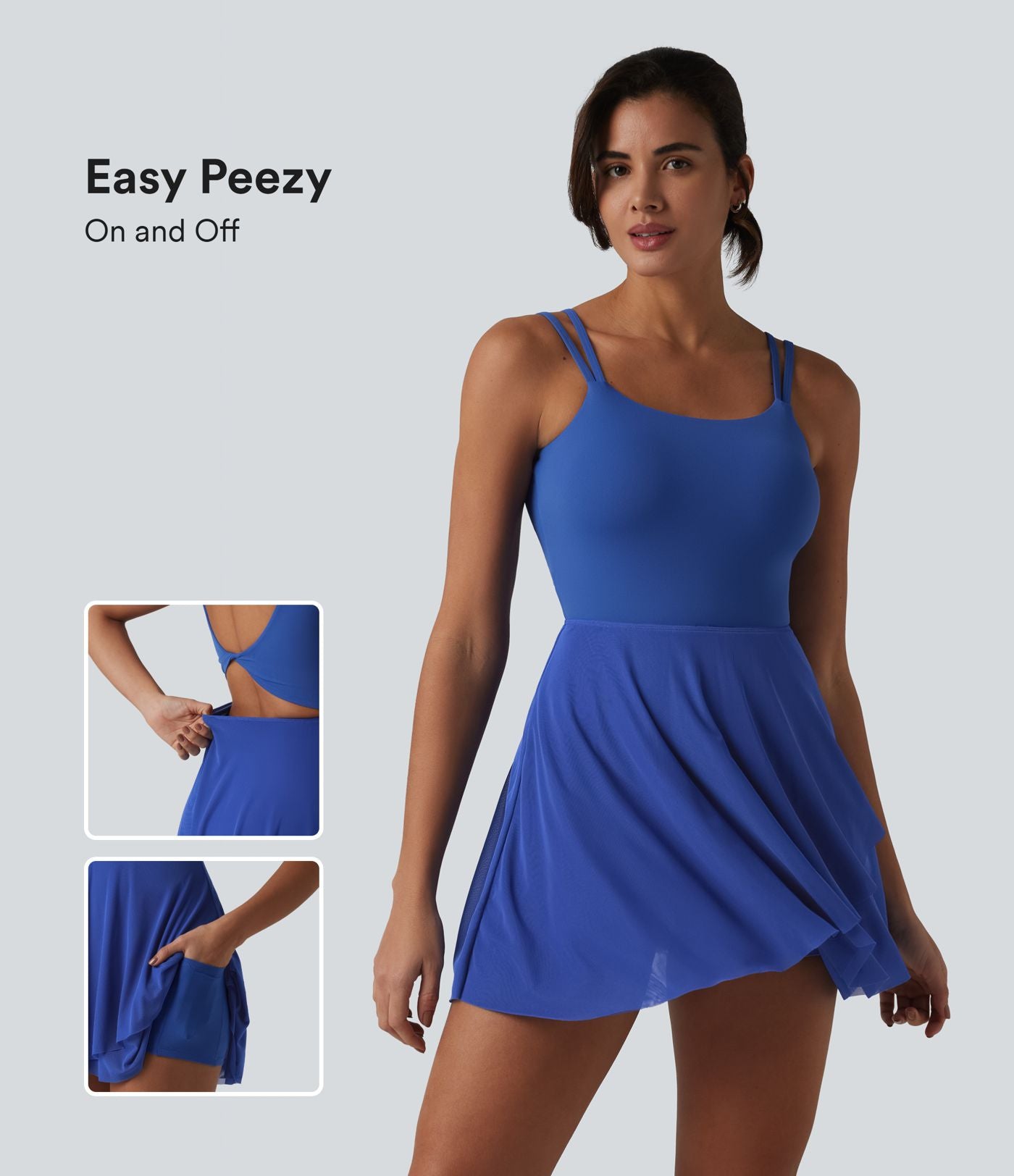 Robe de tennis courte 2-en-1 à bretelles SoftlyZero™ dos nu avec mesh contrasté, brassière intégrée et poches – Édition Easy Peasy – UPF 50+