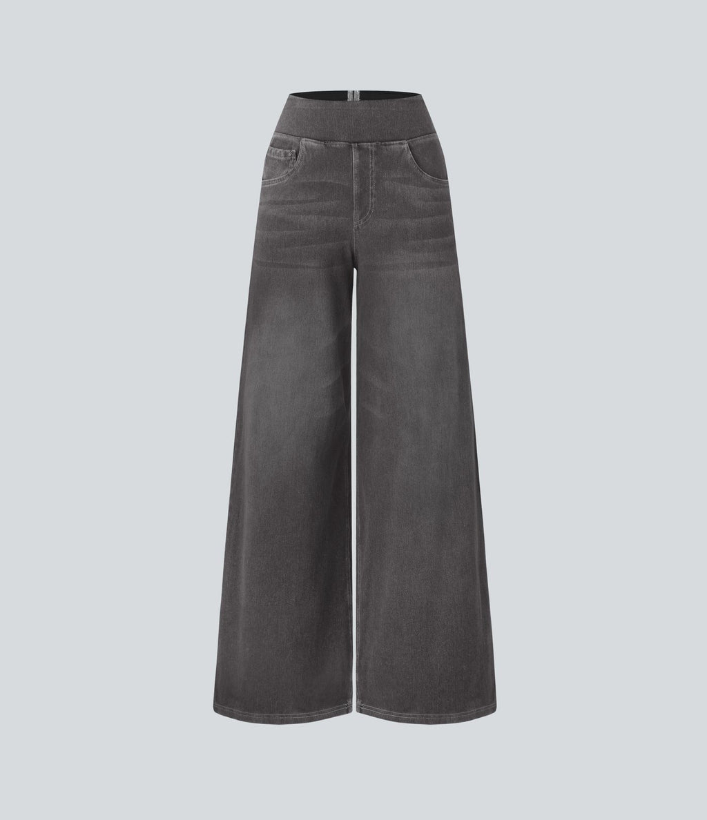 Halara Flex™ Jean Large Casual Taille Haute Poches Multiples Tricot Extensible Délavé