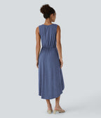 Robe Mi-Longue Plissée Décolleté Plongeant Sans Manches Haut Bas Ourlet Croisé