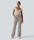 Pantalon évasé décontracté taille haute gainant à rayures en tissu gaufré avec cordon de serrage et poches