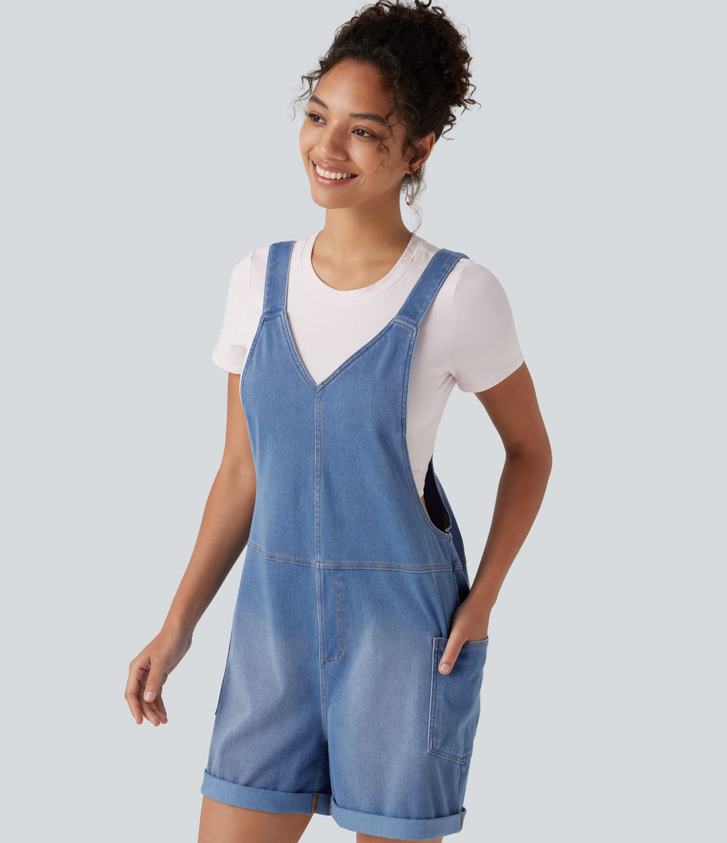 Salopette en jean Halara Flex™ col V délavée décontractée à ourlet roulotté avec poches