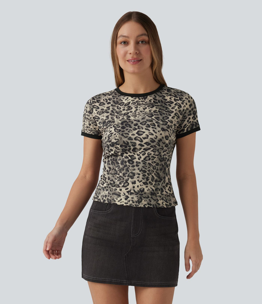T-shirt casual ringer imprimé léopard col rond à manches courtes