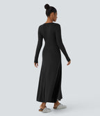 Robe de Casual Maxi Manches Longues Évasées et Boutons au Col Rond
