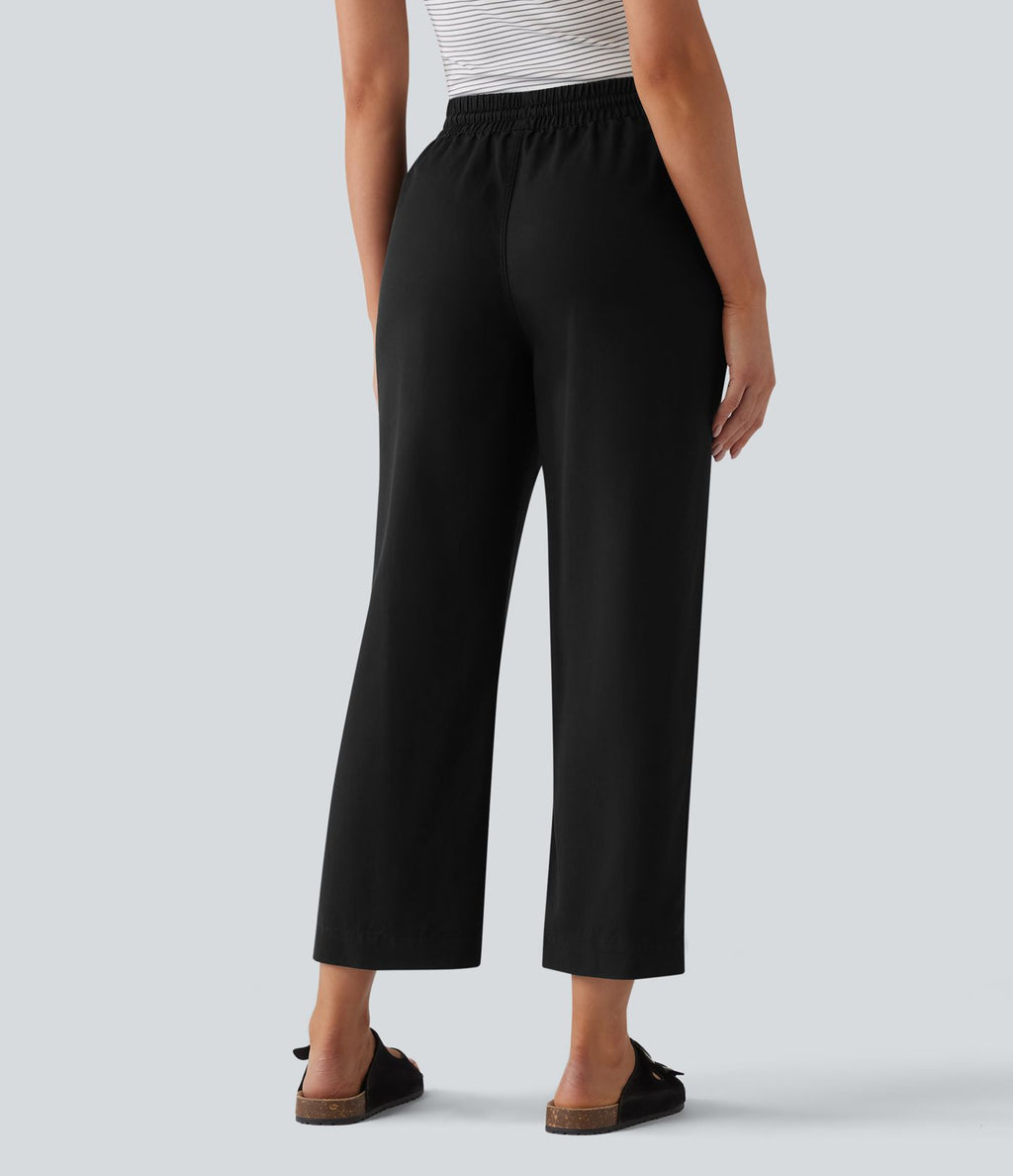 Pantalon casual fuselé en lin drapé taille haute avec cordon de serrage et poches