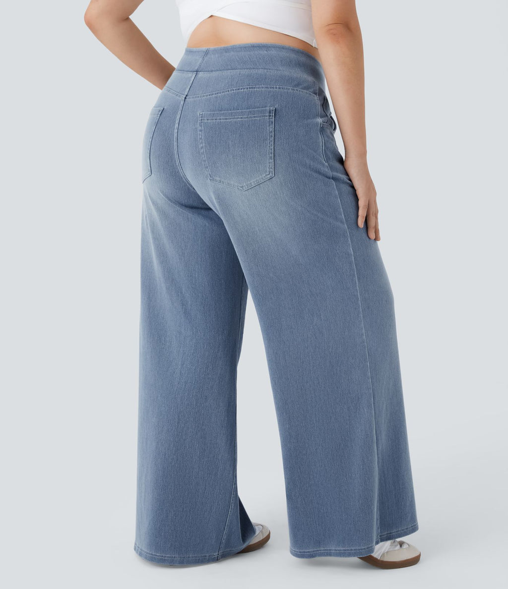 Halara Flex™ Jeans Larges Casual Taille Haute Multiples Poches Lavés Élastiques et Tricotés Grande Taille