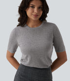 Pull tailleur ajusté col rond manches courtes mélange soie-laine