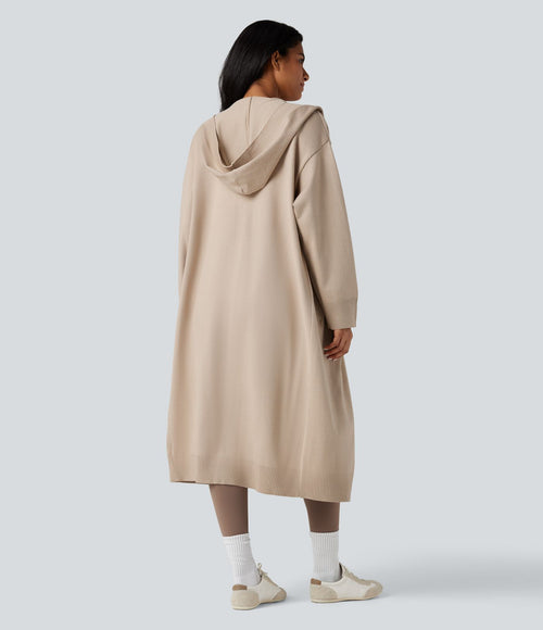 Cardigan long à capuche manches longues avec poches