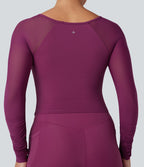Top de sport yoga SoftlyZero™ Plush froncé mesh contrastant col carré manches longues