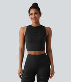 Débardeur yoga court SoftlyZero™ col rond déchiré avec dentelle contrastante - UPF50+