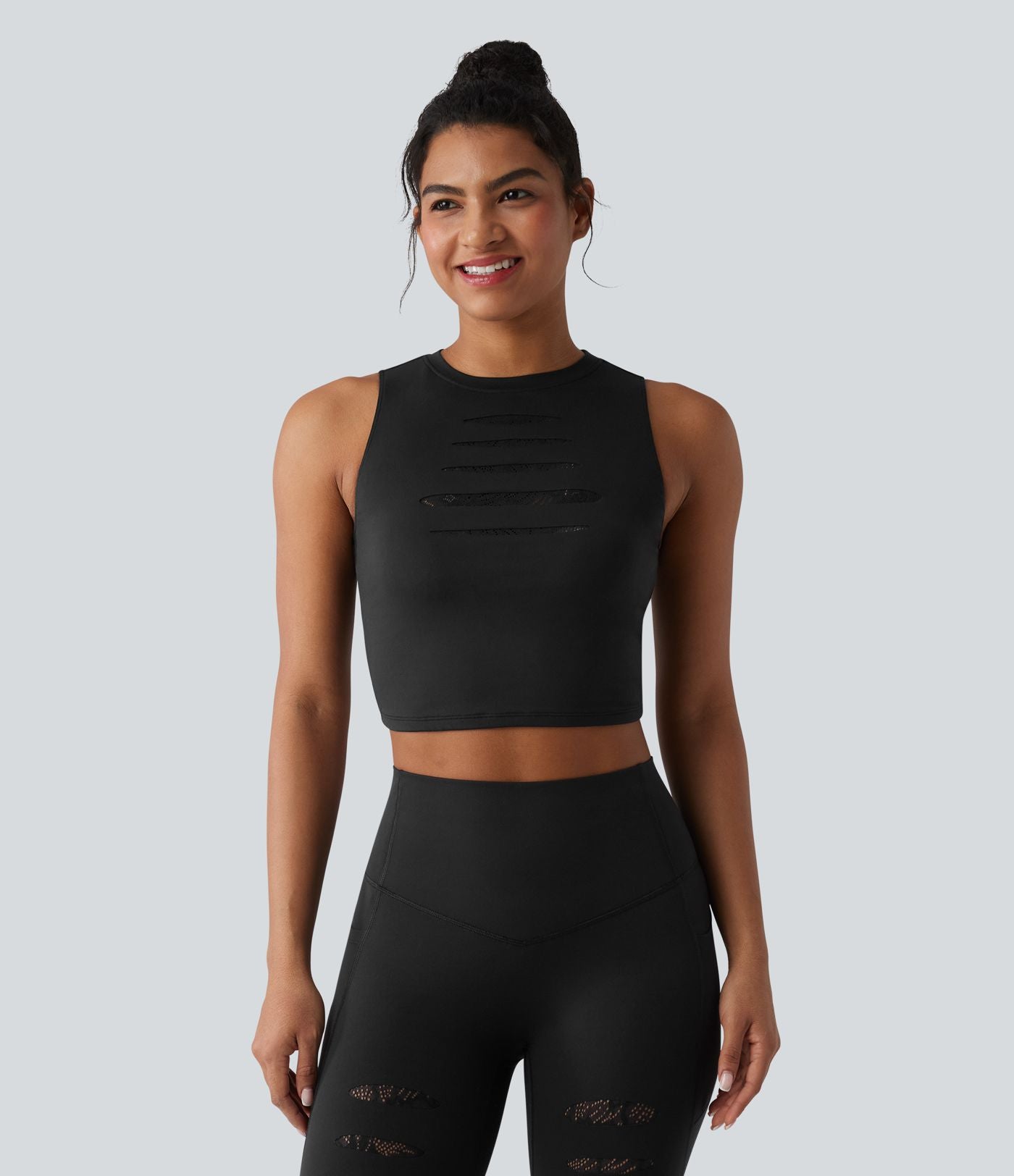 Débardeur yoga court SoftlyZero™ col rond déchiré avec dentelle contrastante - UPF50+