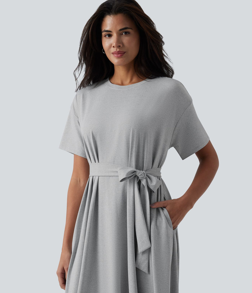 Robe T-shirt casual midi fluide col rond manches courtes avec ceinture et poches