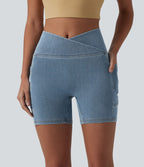 Short denim skinny décontracté Halara Flex™ croisé gainant taille haute 12,5 cm avec poches