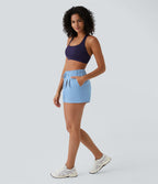 Short 7,5cm Casual à Taille Moyenne avec Ceinture Élastique Cordon de Serrage et Poches Latérales Ruchées