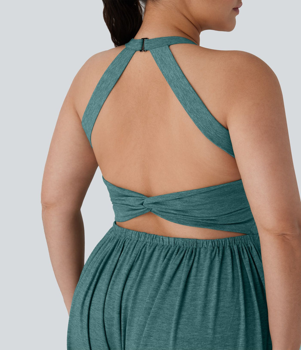Combinaison sarouel dos nu torsadée grande taille avec poche latérale - Édition facile à enfiler
