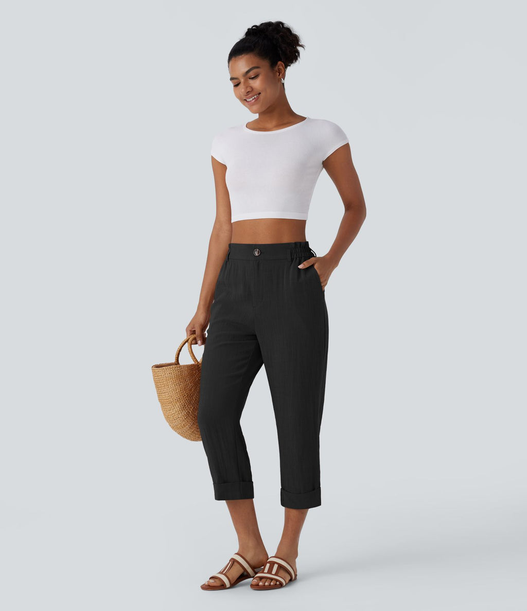 Pantalon capri effet lin taille haute avec poches zippées