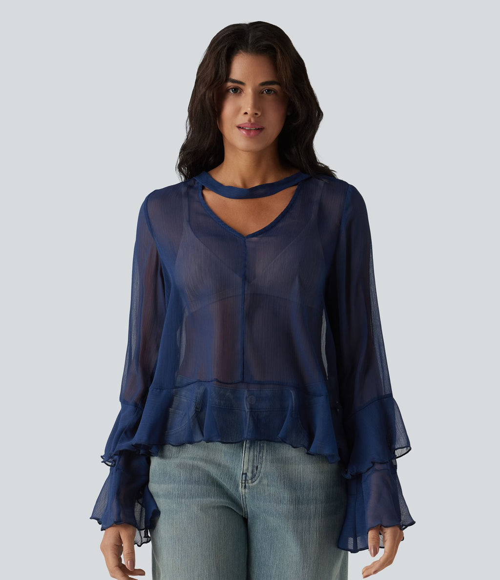Chemise casual transparente col V manches longues à volants