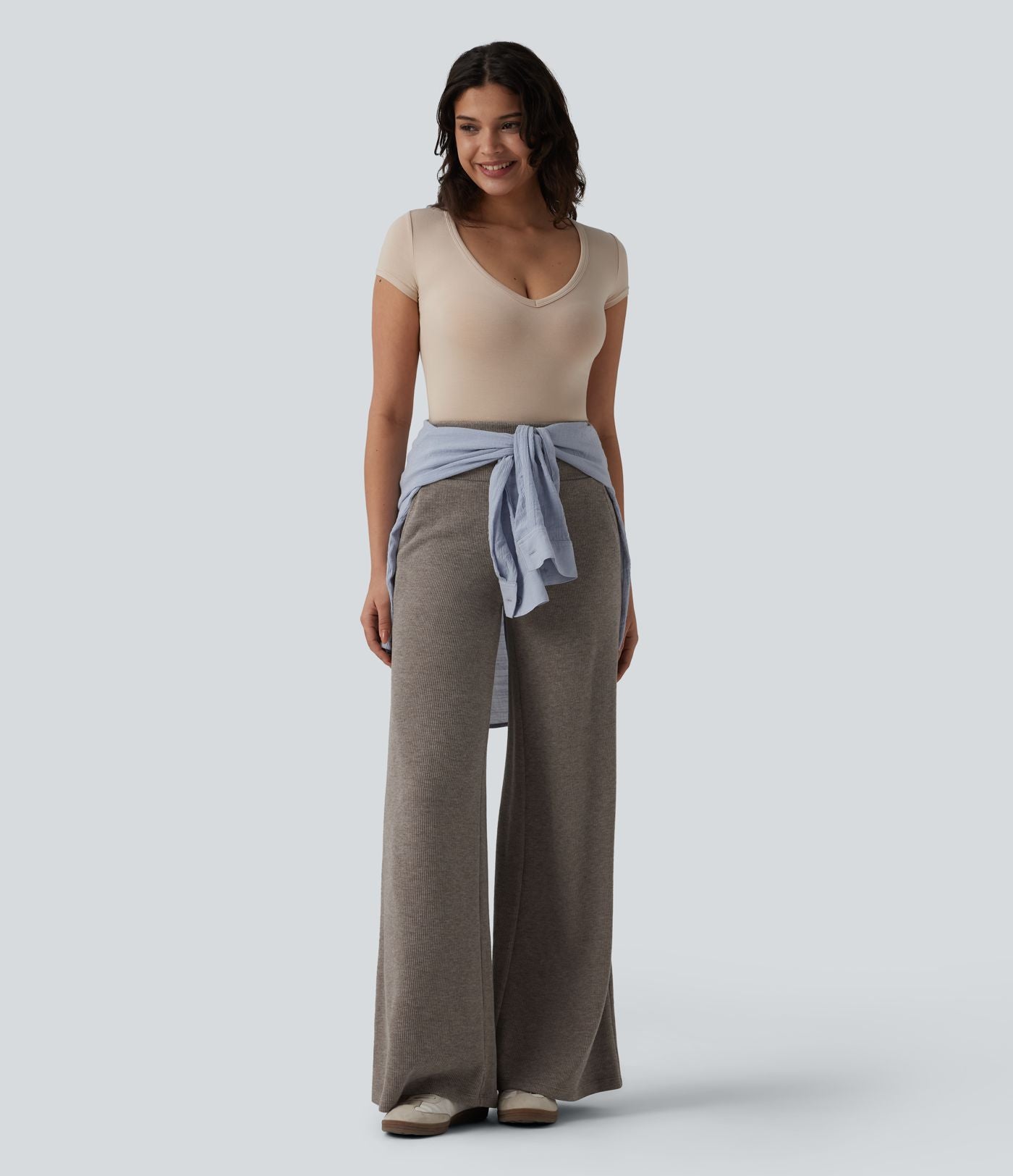 Pantalon casual bootcut gainant taille haute à cordon de serrage en maille côtelée avec poches