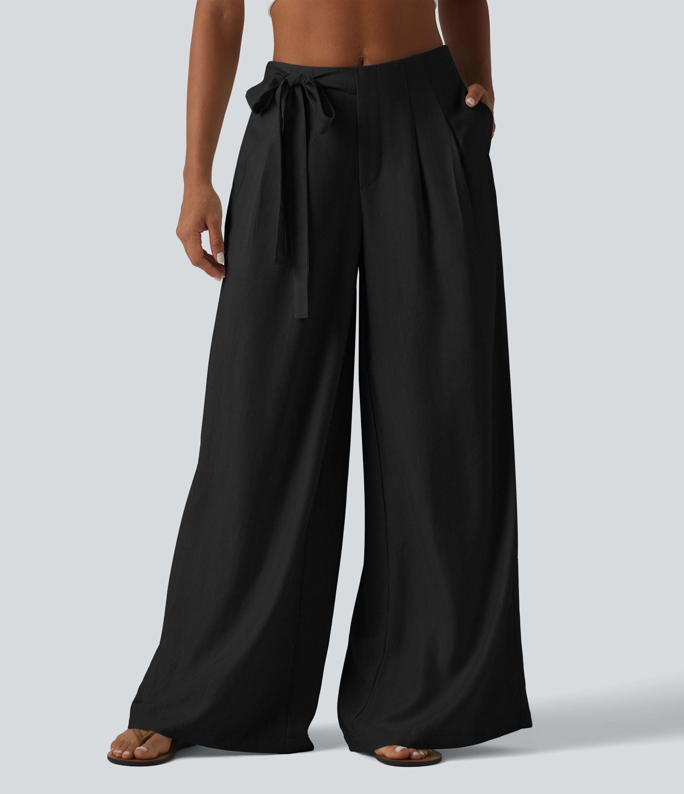 Pantalon large fluide taille haute en lin mélangé avec poches et liens latéraux
