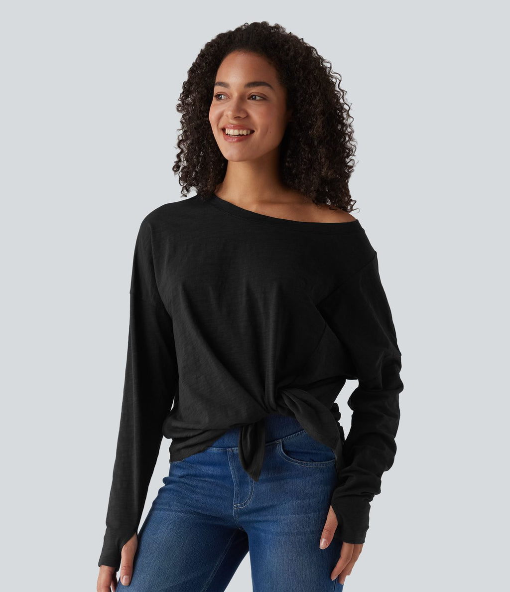 T-shirt casual en coton col bateau manches longues avec trous pour pouces et liens latéraux