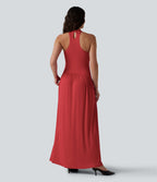 Robe longue côtelée à dos nageur, brassière intégrée et poches