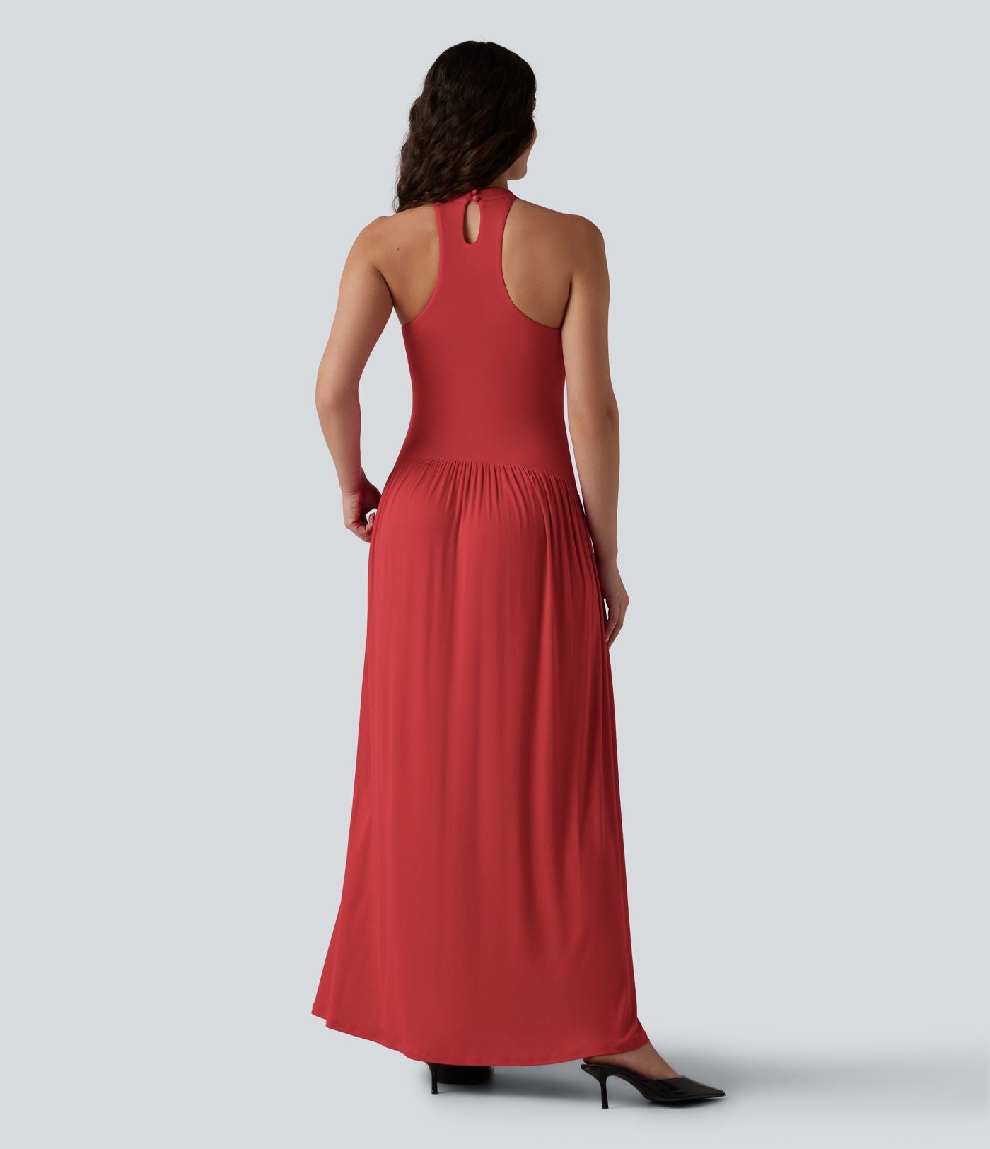 Robe longue côtelée à dos nageur, brassière intégrée et poches