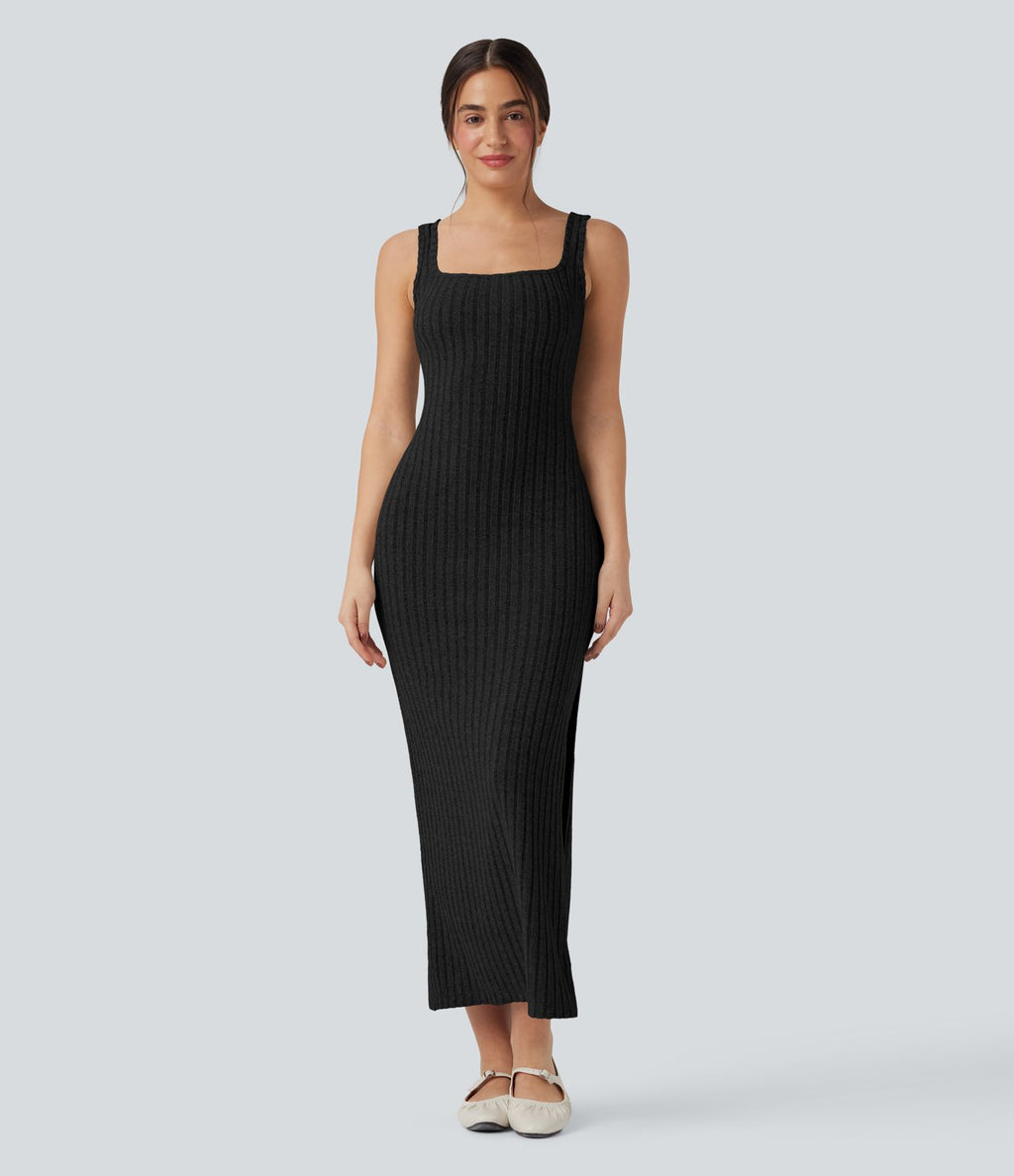 Robe longue moulante décontractée maille côtelée col carré sans manches dos torsadé avec fente