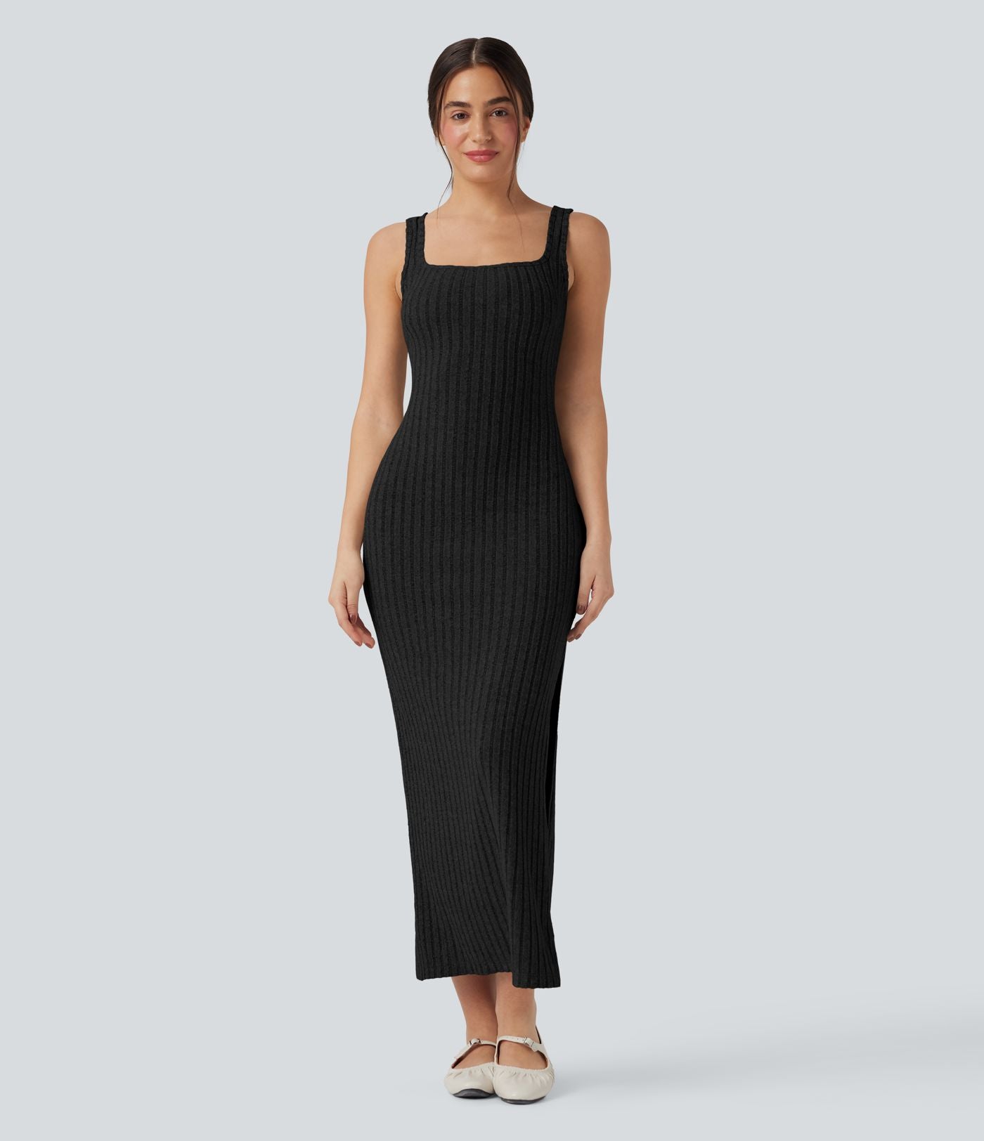 Robe longue moulante décontractée maille côtelée col carré sans manches dos torsadé avec fente