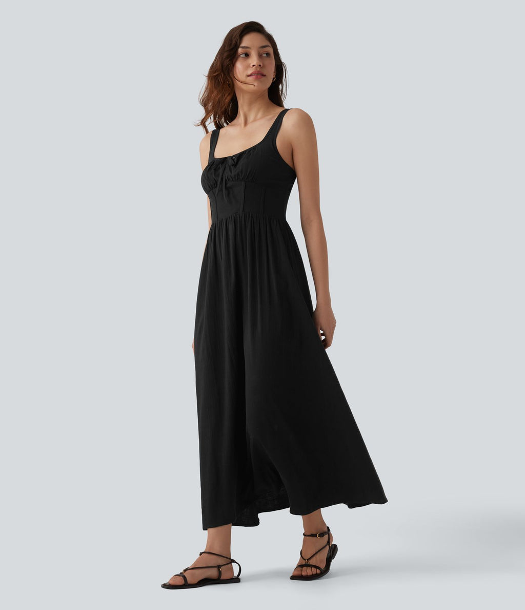 Robe mi-longue casual aspect lin col U avec nœud devant corset