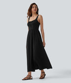 Robe mi-longue casual aspect lin col U avec nœud devant corset