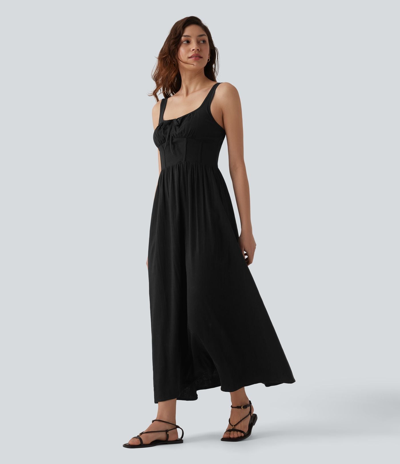 Robe mi-longue casual aspect lin col U avec nœud devant corset