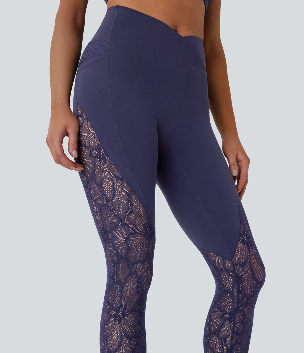 Legging de yoga 7/8 taille haute avec poches latérales, dos croisé et dentelle contrastante Softlyzero™-UPF50+