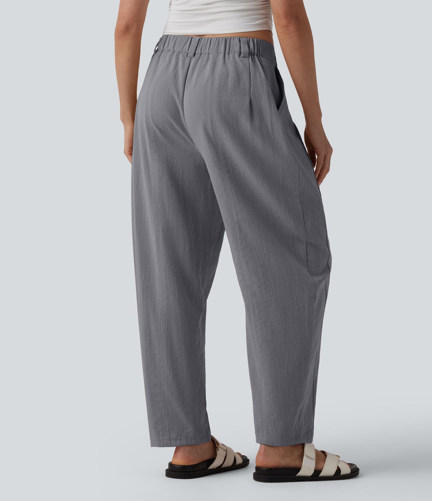 Pantalon décontracté coupe ballon taille mi-haute aspect lin avec poches