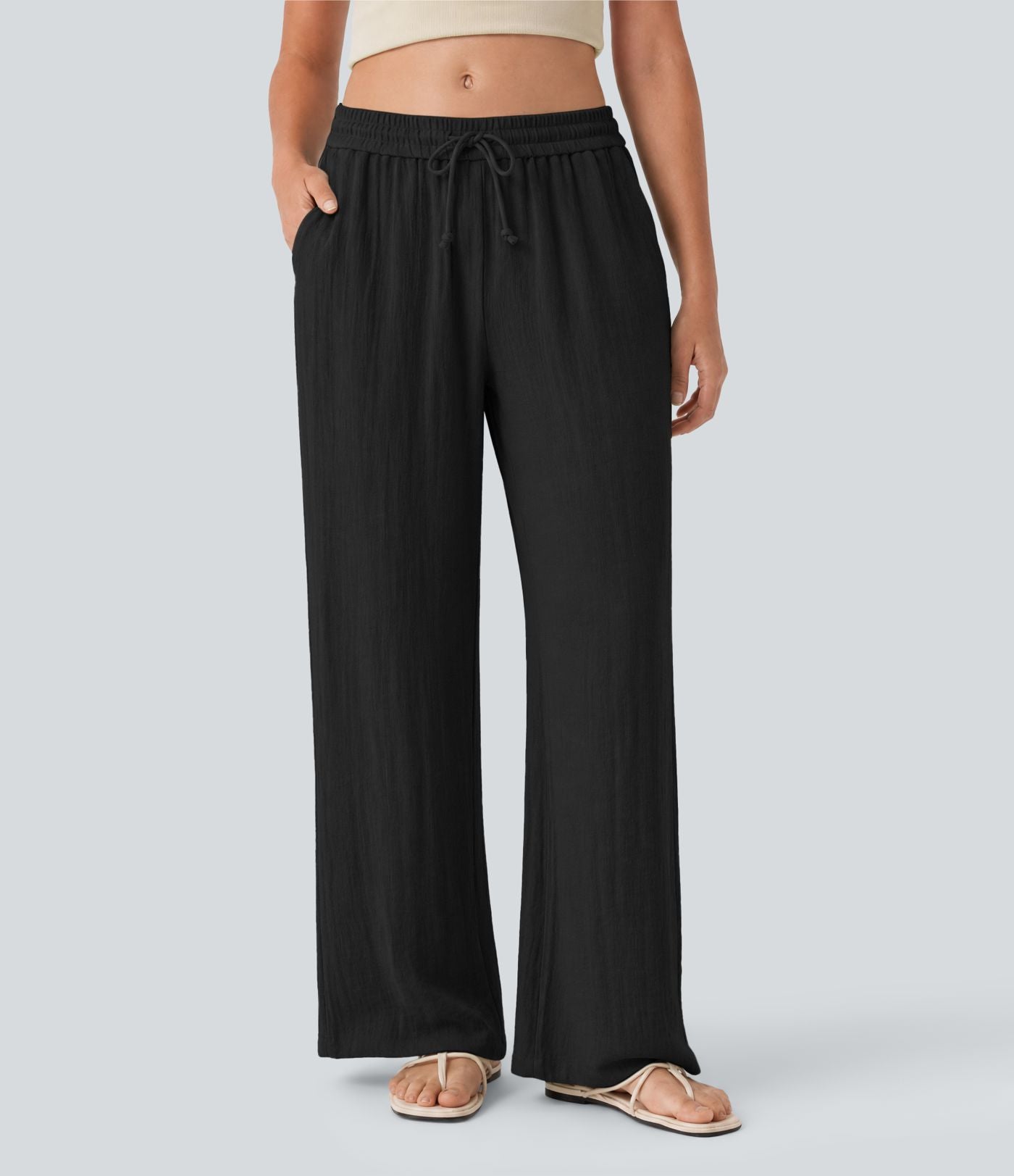 Pantalon baggy large casual effet lin taille basse avec cordon et poches