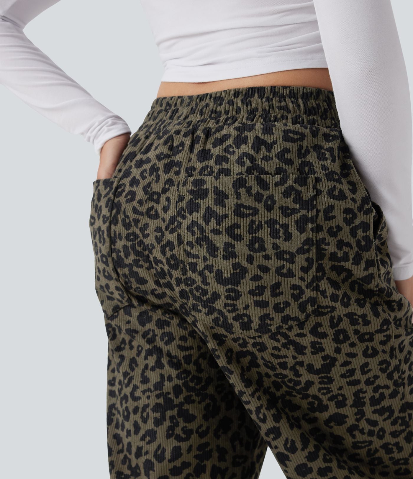 Pantalon léopard ample décontracté velours côtelé imprimé taille haute avec poches