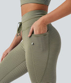 Legging de yoga rayé taille haute avec cordon de serrage et poches