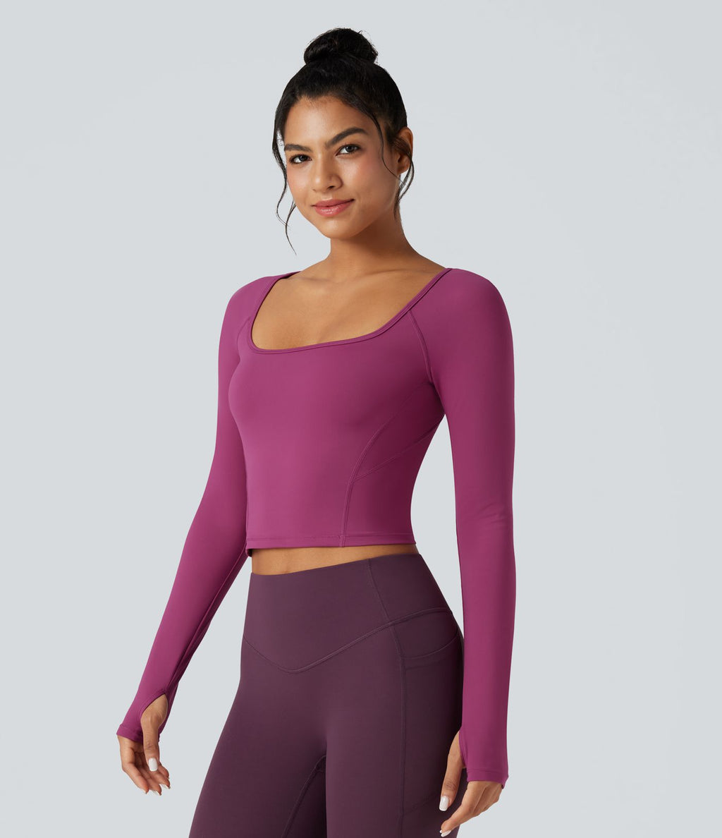 Top de sport yoga SoftlyZero™ Plush col carré manches raglan longues avec trous pouces