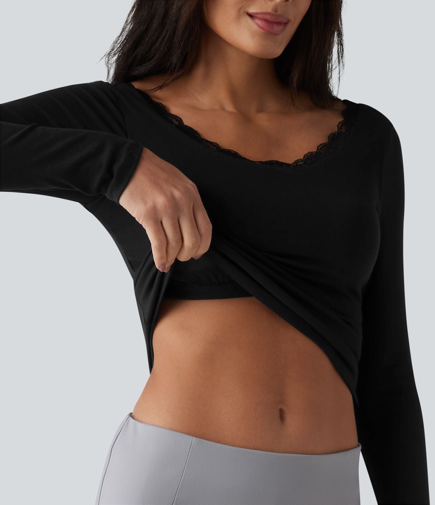 Haut casual en maille côtelée à manches longues, col rond échancré, dos en U, dentelle contrastée et soutien-gorge intégré