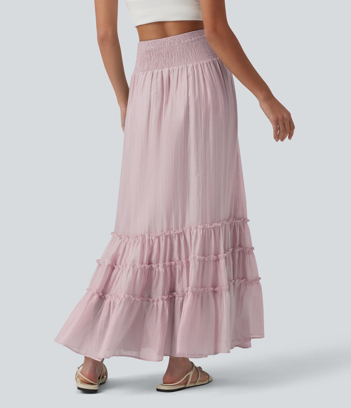Jupe longue fluide à volants taille haute – Style resort