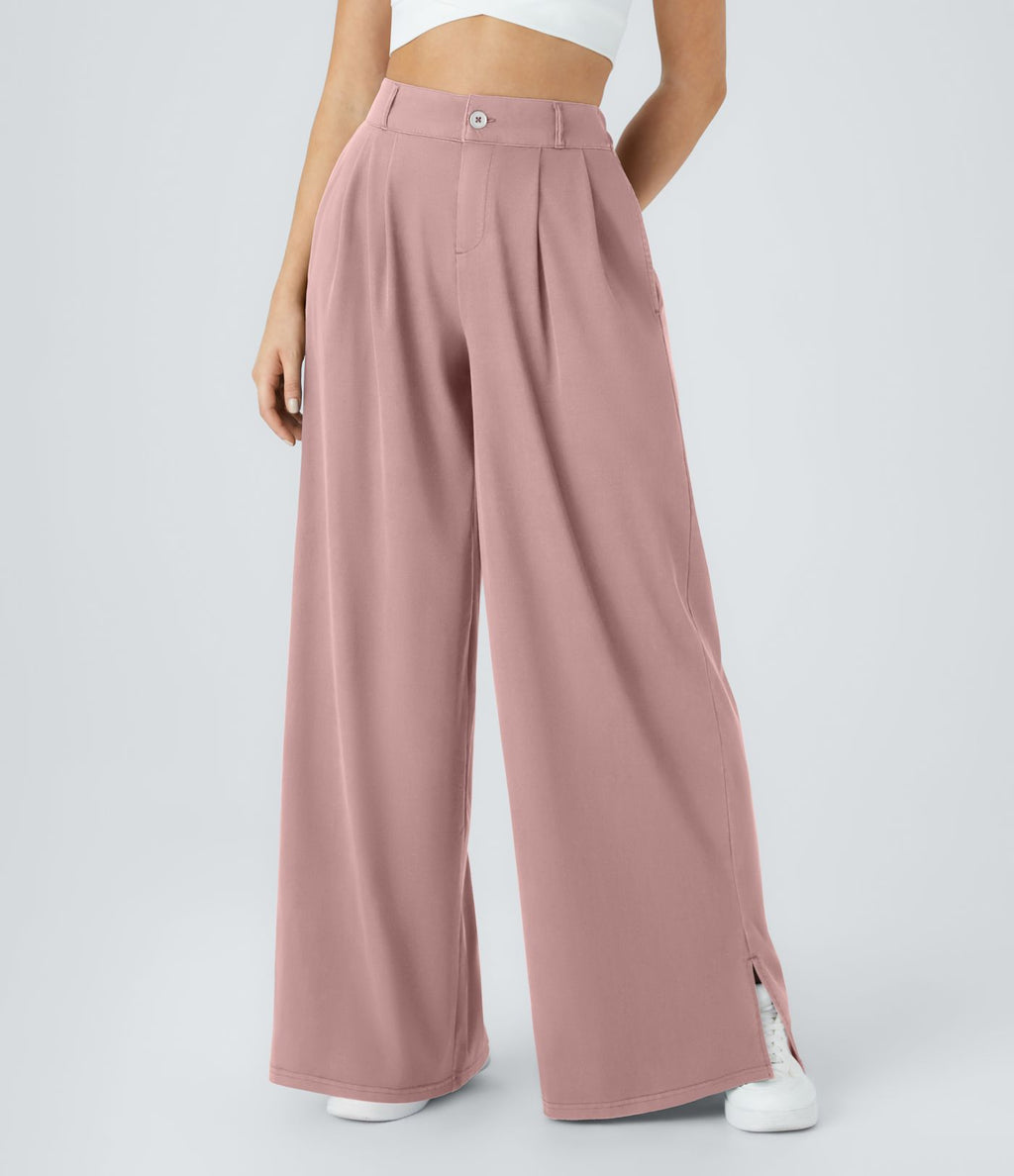 Pantalon Large Casual Taille Haute Boutonnés Fermeture Éclair Plissé Poches Latérales Ourlet Fendu