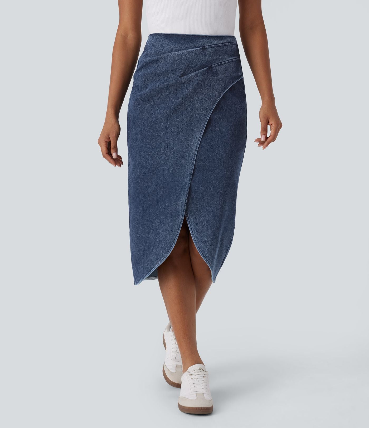 Halara Flex™ Jupe en Jean midi délavé taille haute avec zip dos, effet drapé et ourlet tulipe