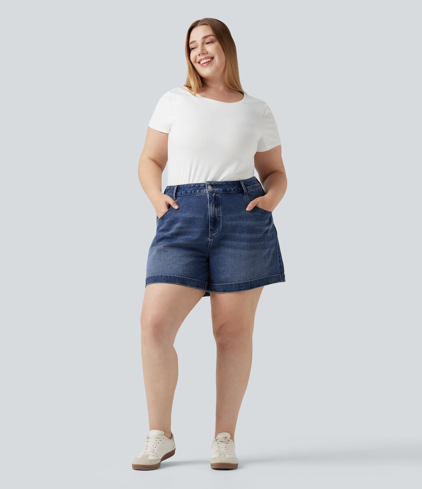 Short jean grande taille Halara Flex™ Denim casual taille mi-haute, ourlets retroussés, avec poches, 12,7 cm