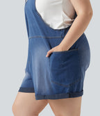 Salopette-short délavée grande taille en Jean Halara Flex™ Denim à col V avec ourlets retroussés et poches