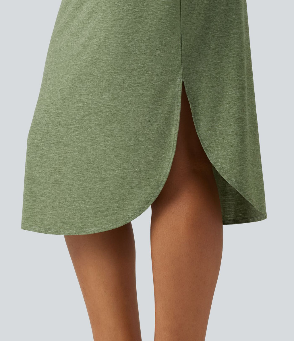 Robe nuisette midi casual à ourlet courbé fendu et cordon de serrage