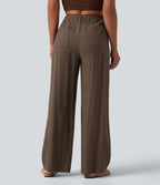 Pantalon casual ample taille haute aspect lin à cordon de serrage avec poches