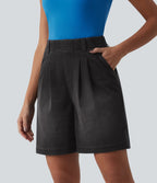 Halara Flex™ Short ample plissé en denim taille haute avec poches