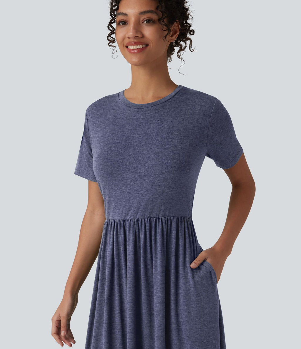 Robe midi casual chinée col rond à manches courtes, avec poches