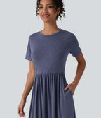 Robe midi casual chinée col rond à manches courtes, avec poches