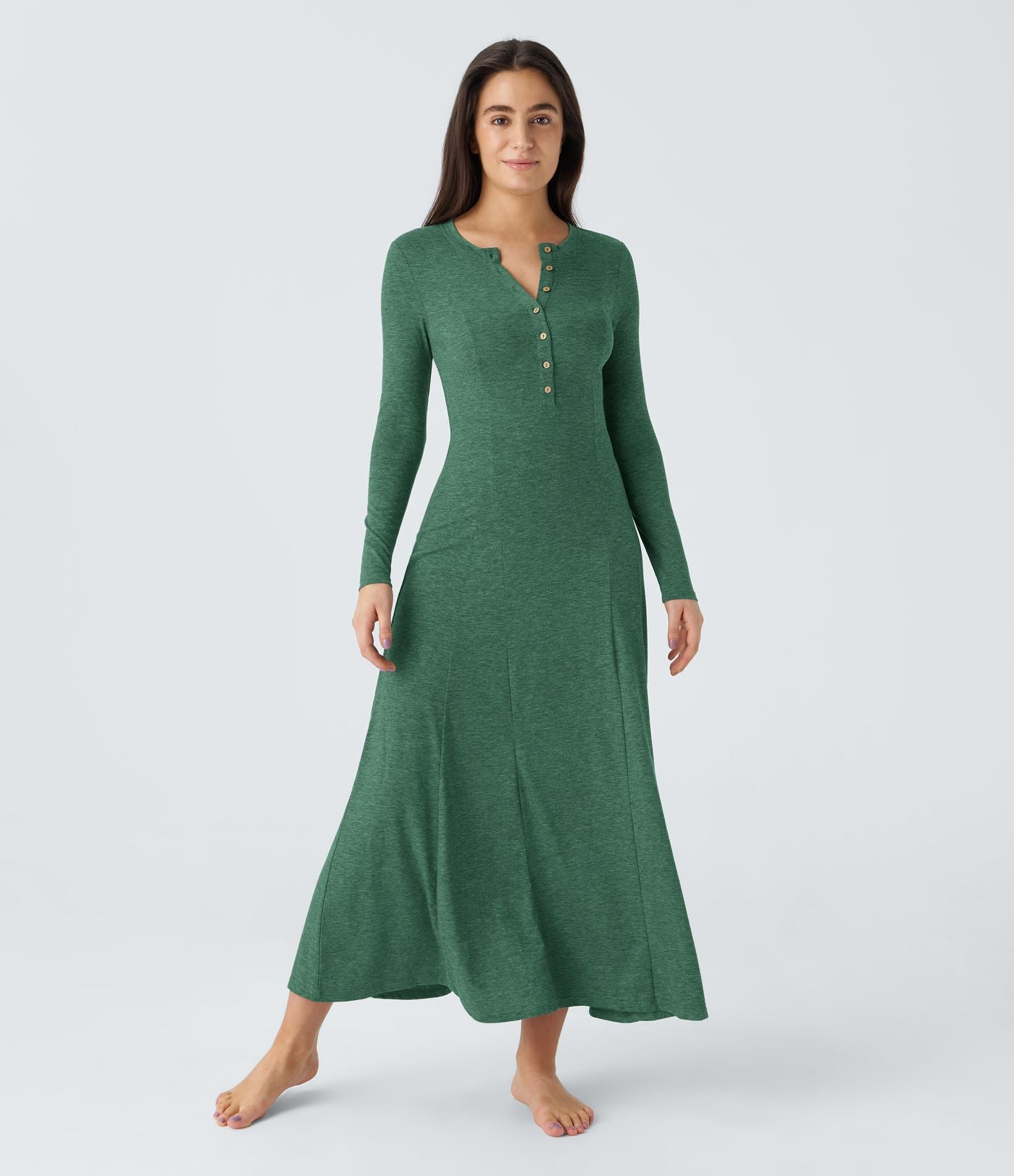 Robe de Casual Maxi Manches Longues Évasées et Boutons au Col Rond