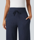 Pantalon jogging large décontracté côtelé gainant taille haute avec cordon de serrage et poches