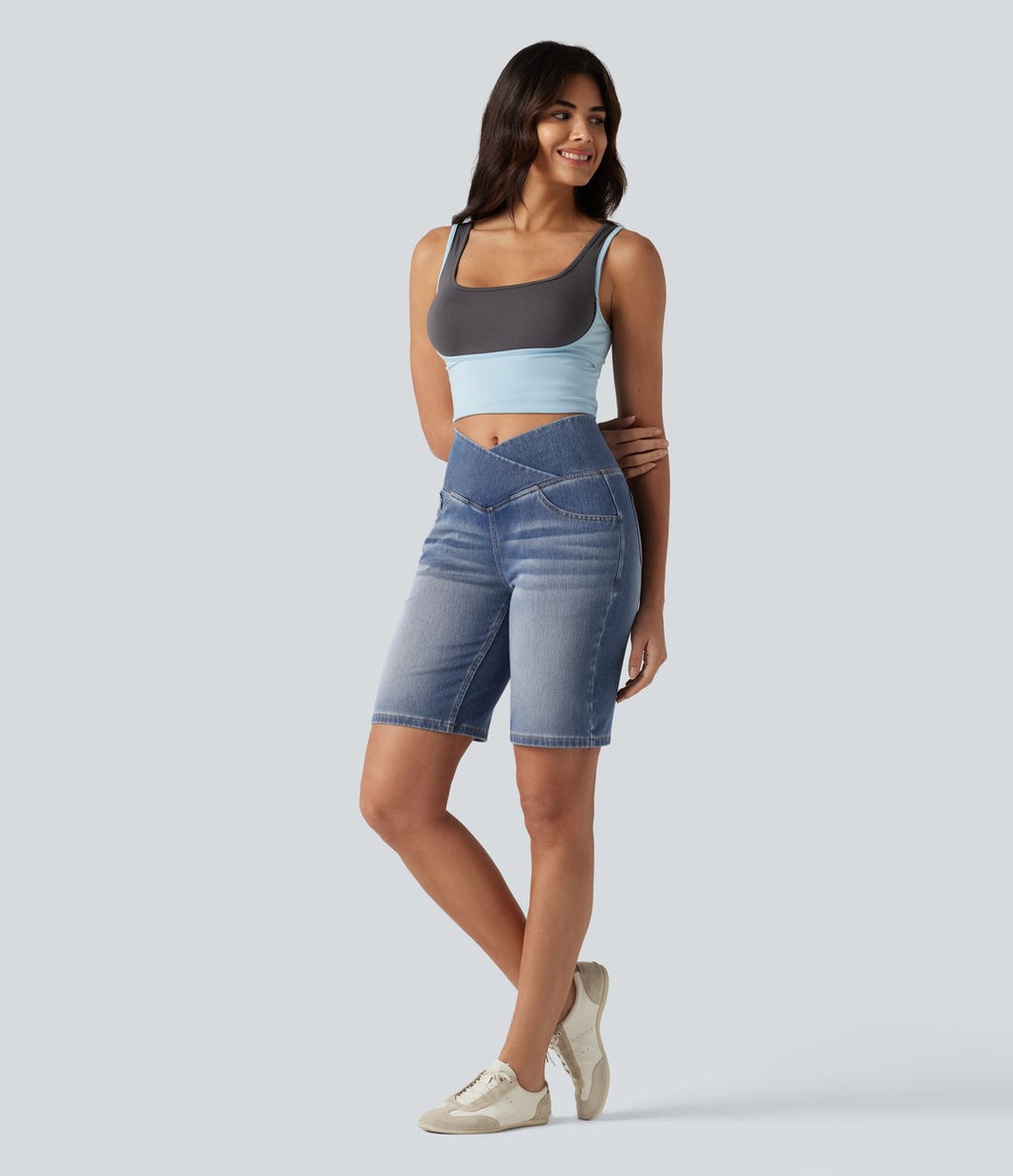 Short en jean Halara Flex™ casual gainant taille haute croisée avec poches